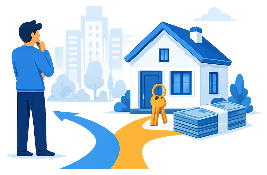 Ilustração de uma pessoa decidindo entre comprar uma casa ou alugar