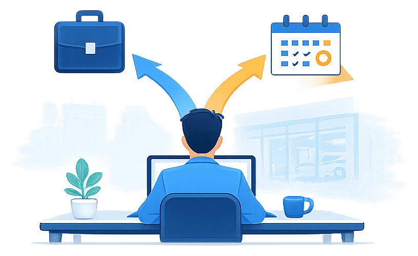 Ilustração de um profissional no laptop com opções de carreira CLT e PJ