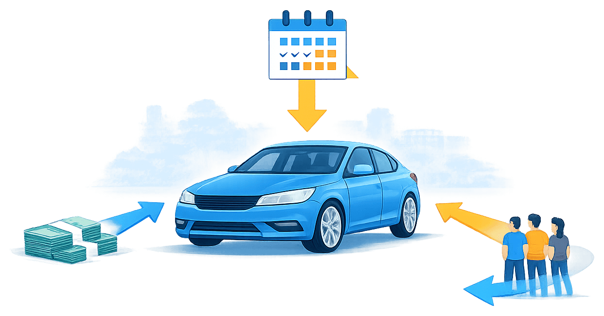 Ilustração de um carro com três caminhos de compra à vista, parcelado e consórcio