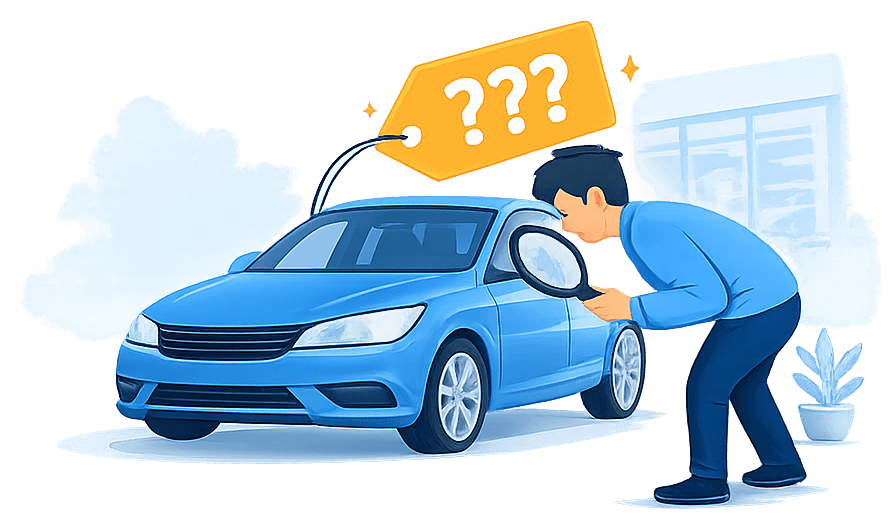 Ilustração de uma pessoa inspecionando um carro com lupa em uma concessionária