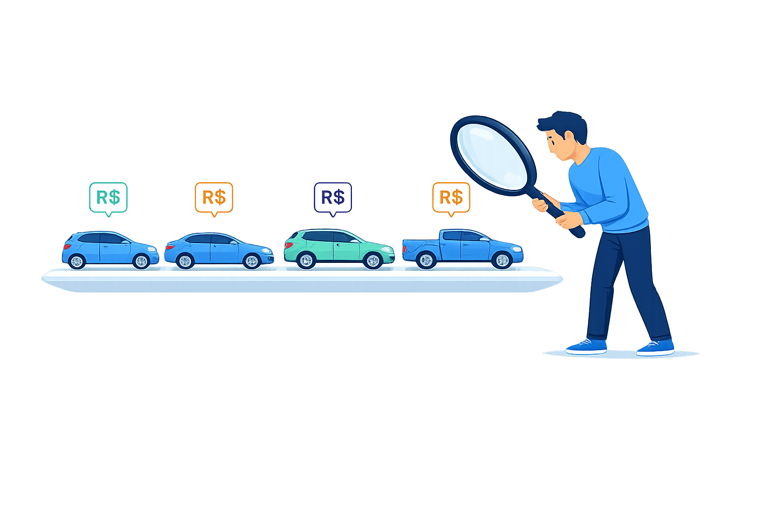Ilustração de uma pessoa segurando uma lupa sobre vários carros da tabela FIPE